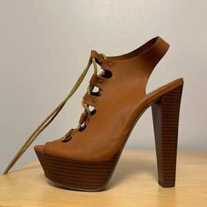 Breckelles Brown Lace Up Sling Back Chunky Wrap Sandals Heels 6.5